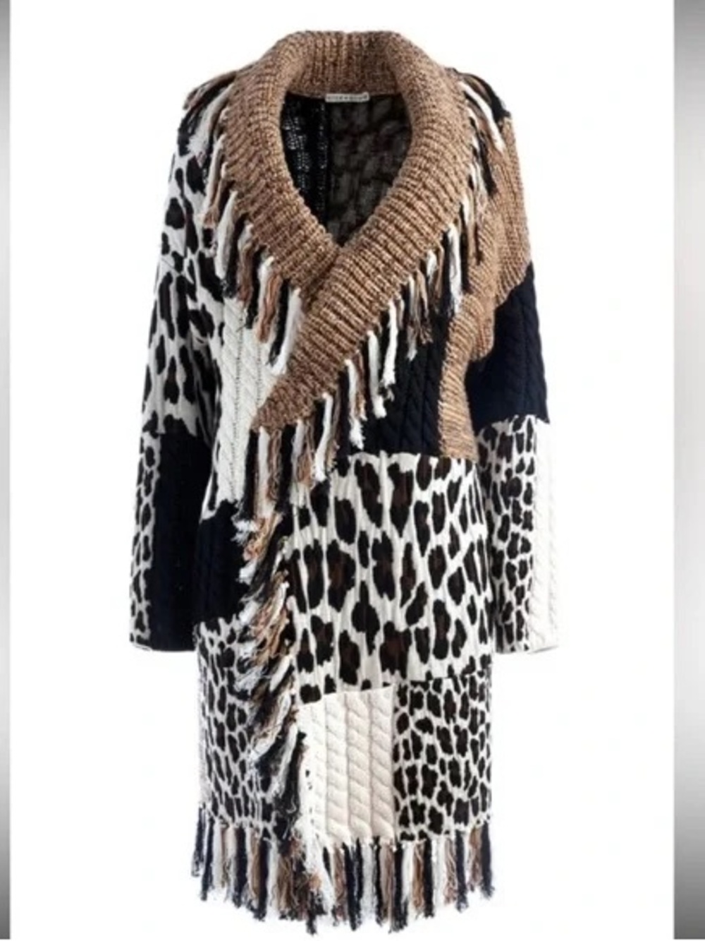 Alice + Olivia Gricelda Leopard Fringe Trim Patchwork Wool Cardigan Sweater Coat